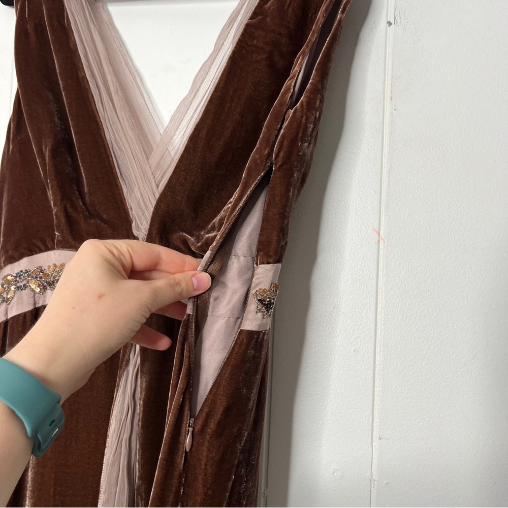 Saja Silk Velvet Midi Dress Beaded and Shear Details Brown Fairy Whims Size 6 - Picture 7 of 9
